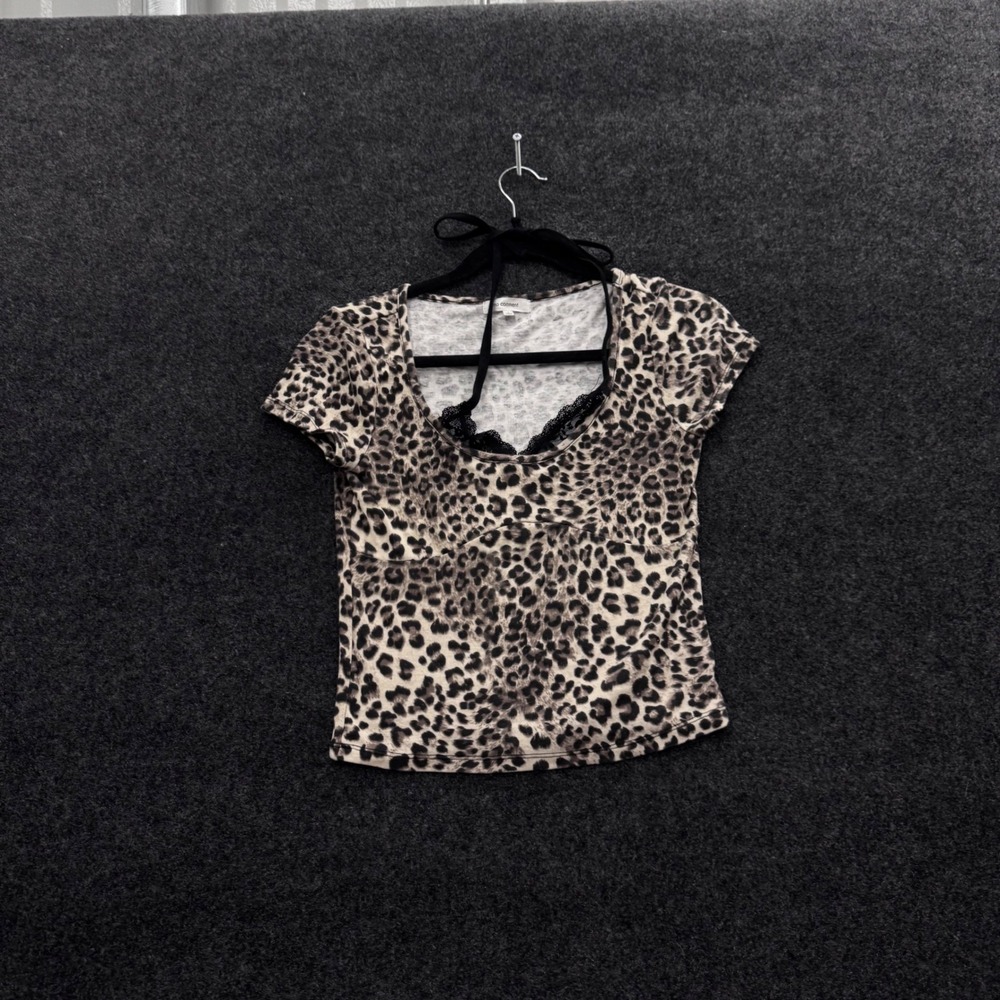 Vintage No Comment Leopard Print Lace Trim Halter Tie Top Small Animal Print